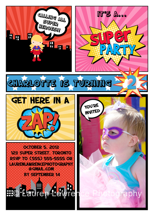 Superhero Comic Book Girl Birthday Party Invitation by Lauren Lawrence Photography